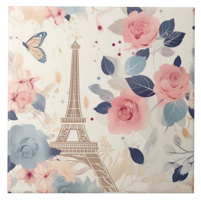 Beautiful Flowers and Eiffel Tower Paris Tile (Front)