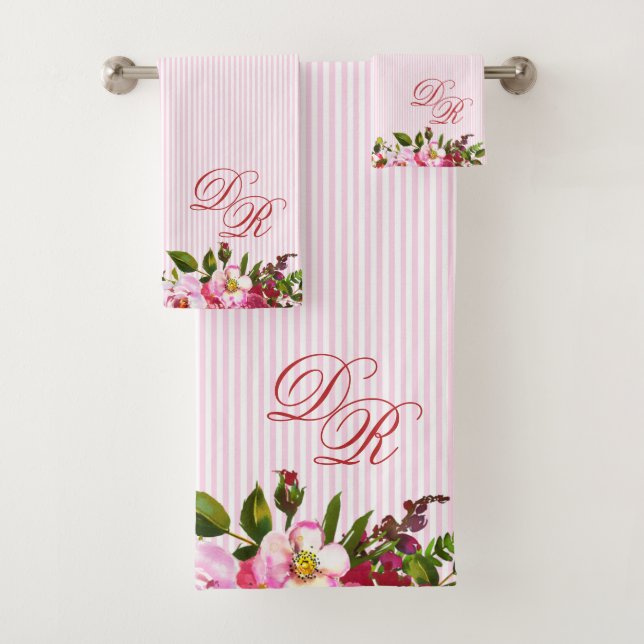 Beautiful Flowers Elegant Monogram PInk Stripes   Bath Towel Set (Insitu)