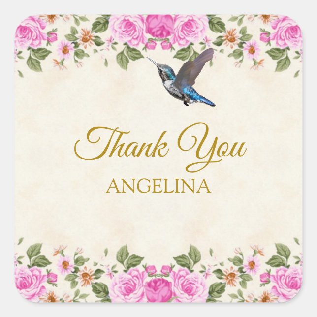 Beautiful Flowers & Hummingbird Thank You Square Sticker (Front)