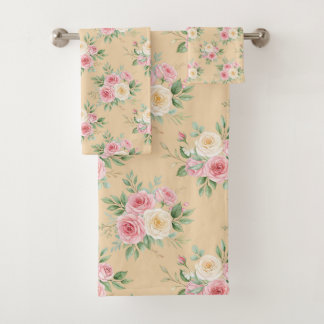 Beautiful Flowers in Pastel Color on Beige Bath Towel Set