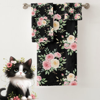 Beautiful Flowers in Pastel Color on Black Bath Towel Set