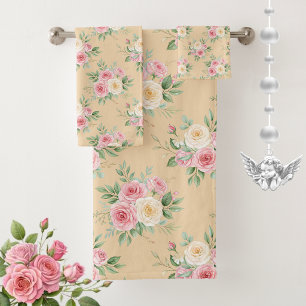Beautiful Flowers in Pastel Colour on Beige Bath Towel Set