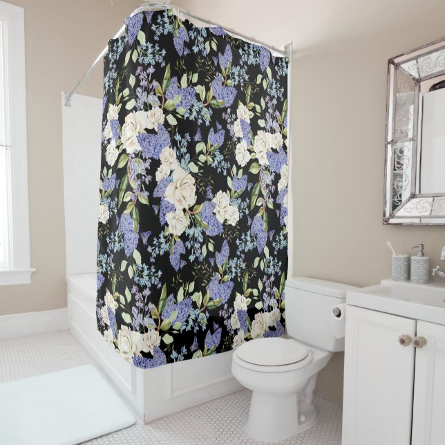 Beautiful Flowers Lilac Roses Purple Blue on Black Shower Curtain (In Situ)