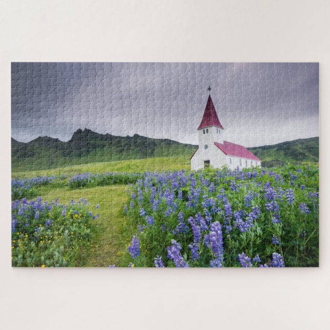 Beautiful Flowers Old Church Vic Travel Iceland Jigsaw Puzzle (Horizontal)