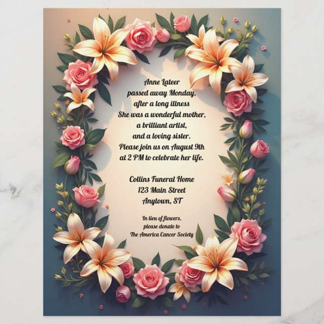 Beautiful Flowers on Gradient Background Memorial Custom Letterhead (Front)