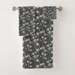 Beautiful Flowers on Plant Leaves in Grey Shades Bath Towel Set