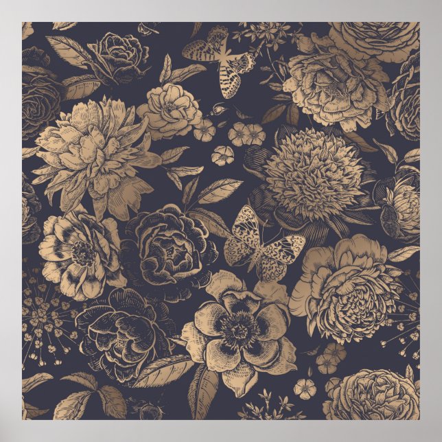 Beautiful flowers peonies, roses and butterflies.  poster (Front)