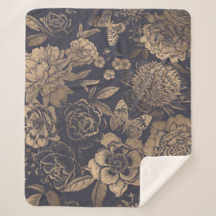Beautiful flowers peonies, roses and butterflies.  sherpa blanket