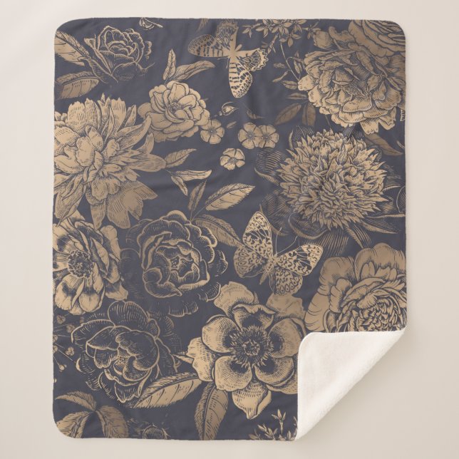 Beautiful flowers peonies, roses and butterflies.  sherpa blanket (Front)