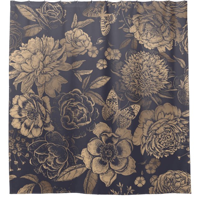 Beautiful flowers peonies, roses and butterflies.  shower curtain (Front)