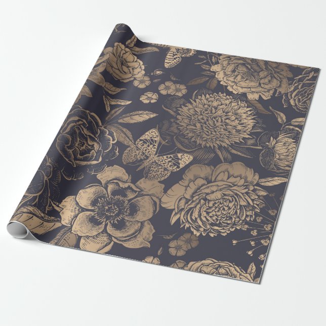 Beautiful flowers peonies, roses and butterflies.  wrapping paper (Unrolled)