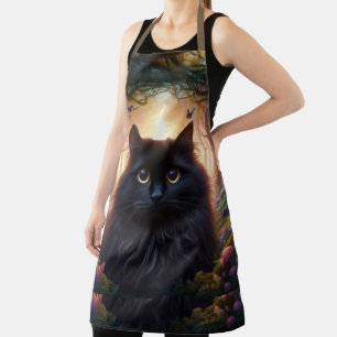 Beautiful Fluffy Black Cat with Gold Eyes Apron