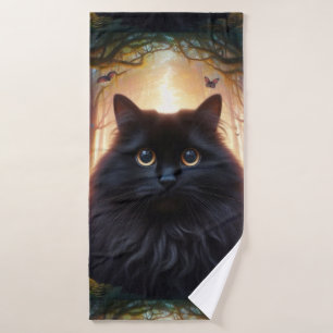 Beautiful Fluffy Black Cat with Gold Eyes Bath Towel Set