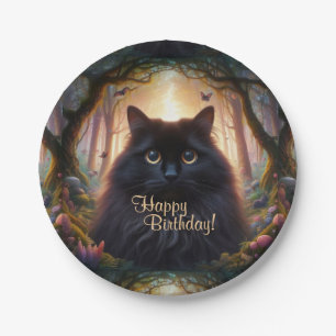 Beautiful Fluffy Black Cat with Gold Eyes Birthday Paper Plate