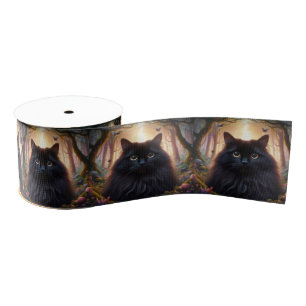Beautiful Fluffy Black Cat with Gold Eyes Grosgrain Ribbon