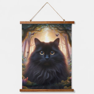 Beautiful Fluffy Black Cat with Gold Eyes Hanging Tapestry