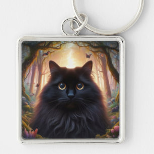 Beautiful Fluffy Black Cat with Gold Eyes Key Ring
