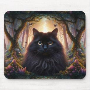 Beautiful Fluffy Black Cat with Gold Eyes Mouse Mat