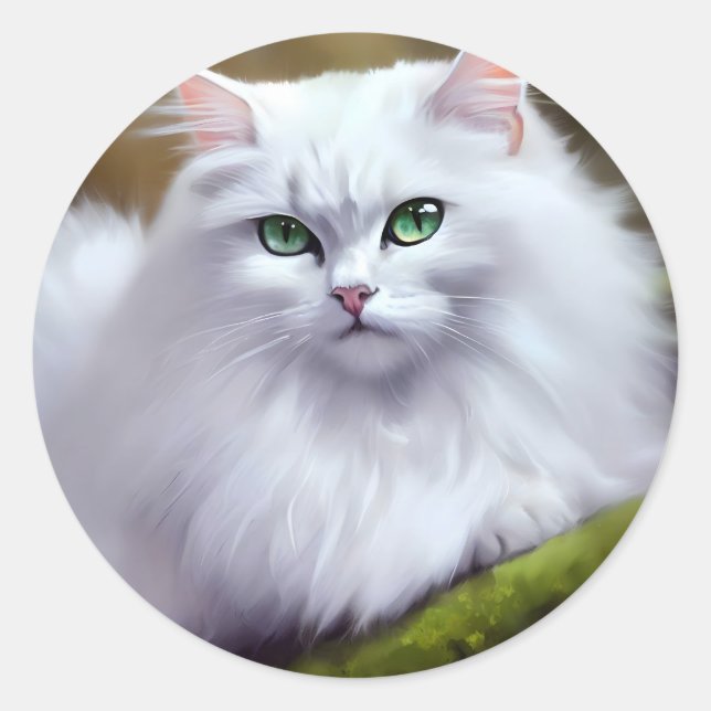 Beautiful Fluffy Cat Painting Classic Round Sticker (Front)