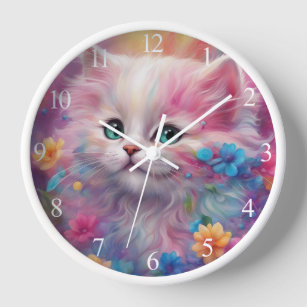 Beautiful Fluffy White Cat Clock