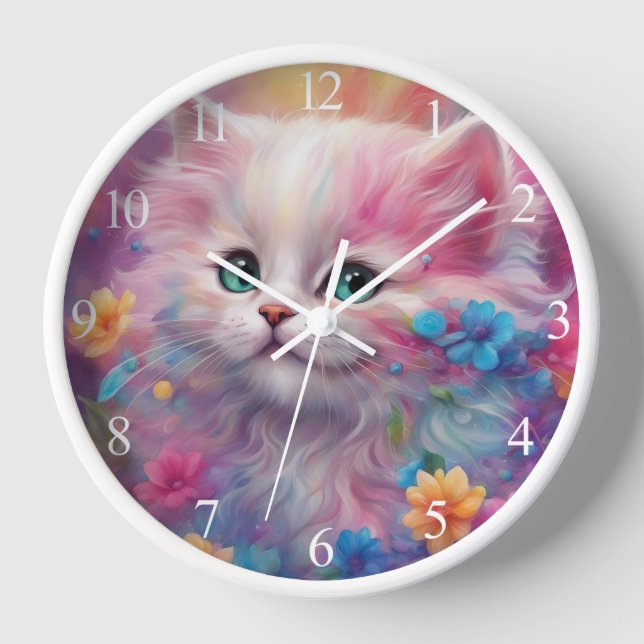 Beautiful Fluffy White Cat Clock (Front)