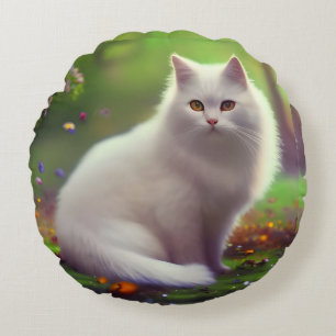 Beautiful Fluffy White Cat  Round Cushion