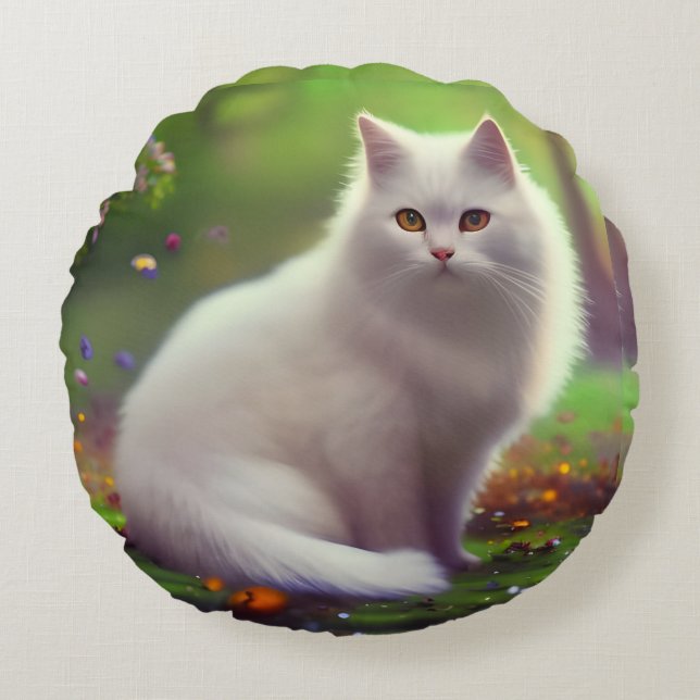 Beautiful Fluffy White Cat  Round Cushion (Front)