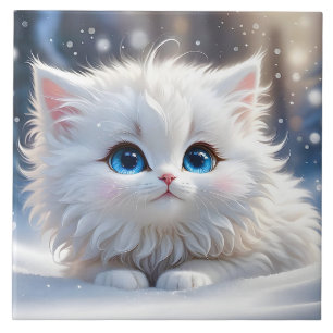 Beautiful Fluffy White Cat with Blue Eyes  Tile