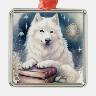 BEAUTIFUL FLUFFY WHITE SAMOYED DOG METAL TREE DECORATION