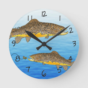 Beautiful Fly Fishing Brown Trout Round Clock