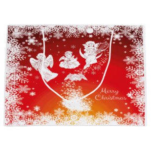 Beautiful Flying Christmas Angels-White Snow-Red  Large Gift Bag