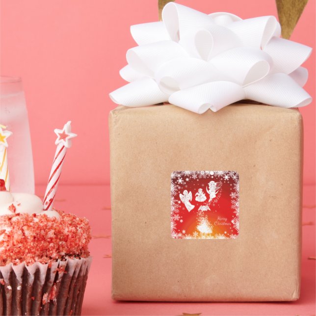 Beautiful Flying Christmas Angels-White Snow-Red   Square Sticker (Party)