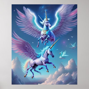 Beautiful Flying Purple Unicorns Horses Cloud Sky  Poster