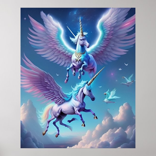 Beautiful Flying Purple Unicorns Horses Cloud Sky  Poster (Front)