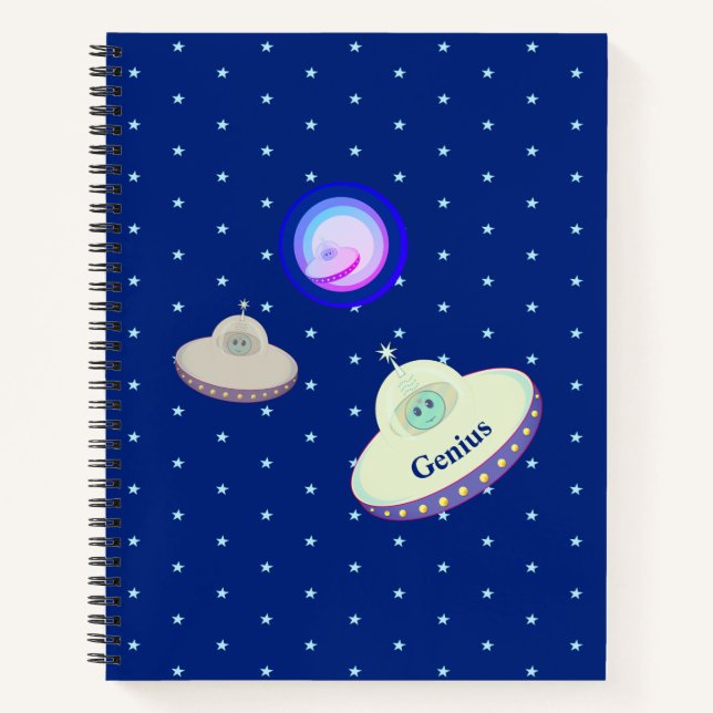 Beautiful Flying Saucers & Stars on Blue Notebook (Front)