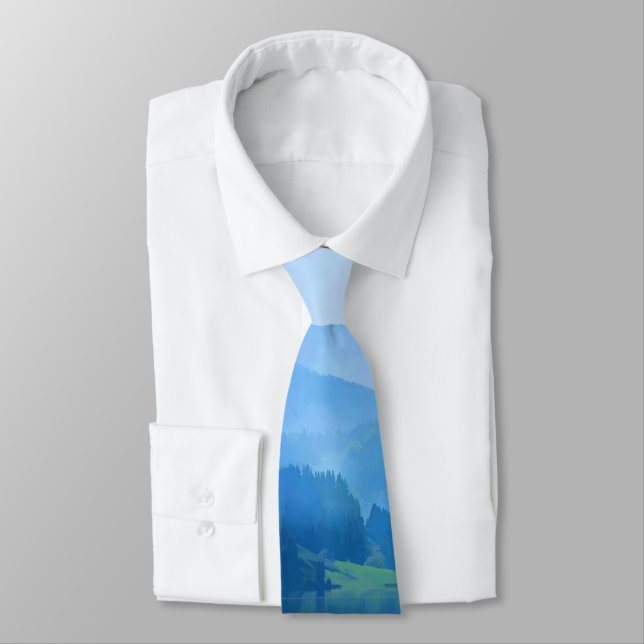 Beautiful Fog Mountain Lake Scenic Blue Water Tie (Tied)