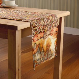 Beautiful Foliage Watercolor Autumn Cottage Short Table Runner
