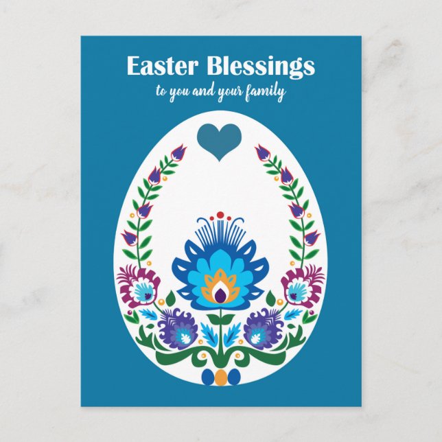 🐤Beautiful Folklore  Blue Pysanka Easter Egg Postcard (Front)