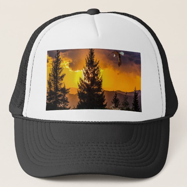 Beautiful Forest Landscape with Eagle Flying, Deer Trucker Hat (Front)