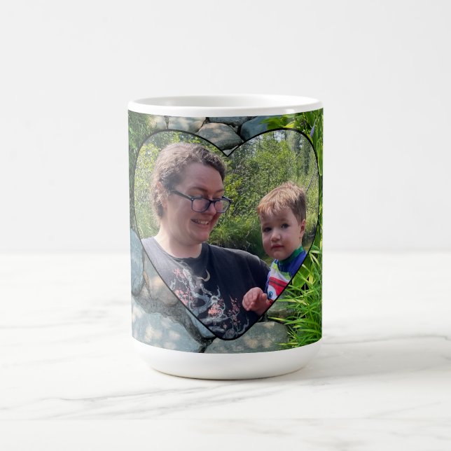 Beautiful forest photo sunlit trees photo template coffee mug (Center)