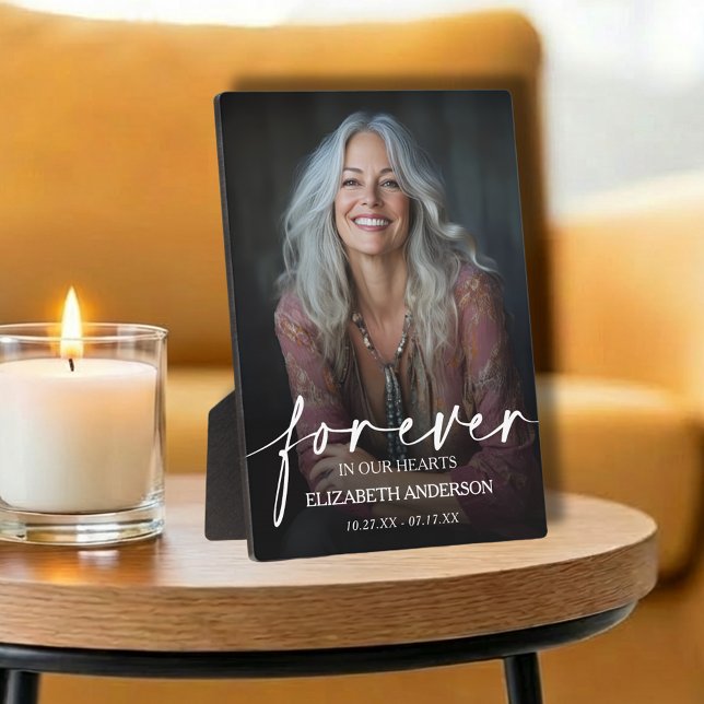Beautiful Forever in our Hearts Photo Memorial Plaque (Forever in our Hearts photo memorial tabletop easel-back plaque)