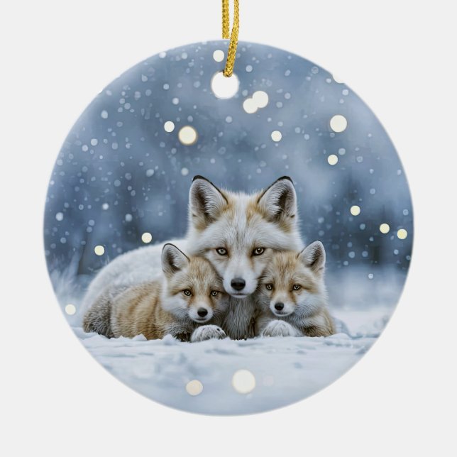 Beautiful Foxes in Snow Christmas Ceramic Tree Decoration (Front)