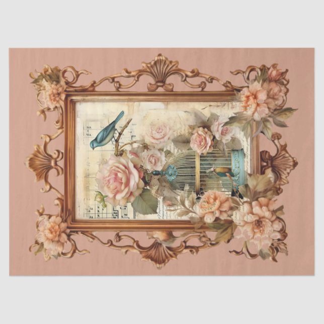 Beautiful Framed Floral Bird & Cage Decoupage  Tissue Paper (Front)