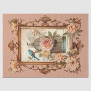 Beautiful Framed Floral Bird & Cage Decoupage  Tissue Paper