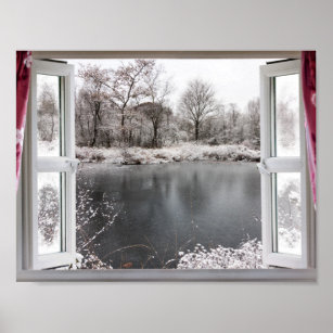 Beautiful frozen lake scene through an open window poster