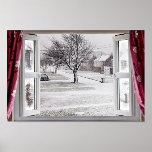 Beautiful frozen lake scene through an open window poster