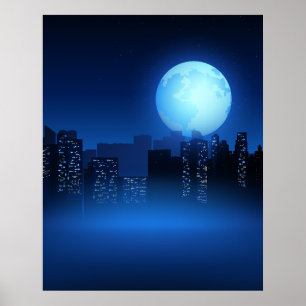 Beautiful Full Moon at Night on Cityscape Poster