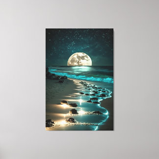 Beautiful Full Moon Beach Ocean Starry Night Canvas Print