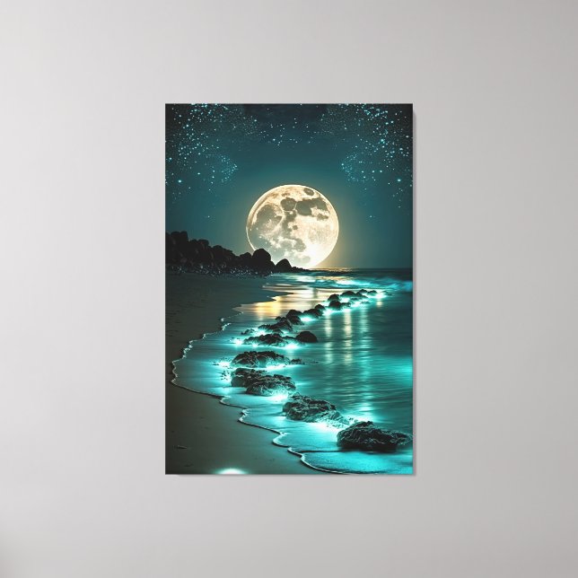 Beautiful Full Moon Beach Ocean Starry Night Canvas Print (Front)