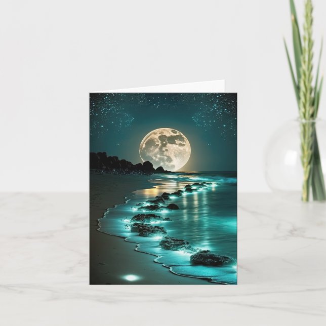 Beautiful Full Moon Beach Ocean Starry Night Card (Front)